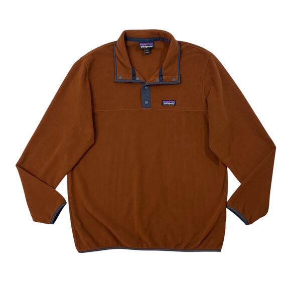 Patagonia Sweater Mens M Medium Cocoa Navy Trim Micro D Snap-T Fleece Pullover - Picture 1 of 11